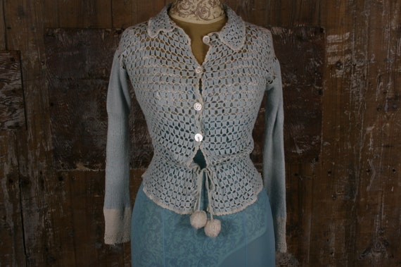 Vintage 1940s cardigan, blue/ ivory crochet cardi… - image 1