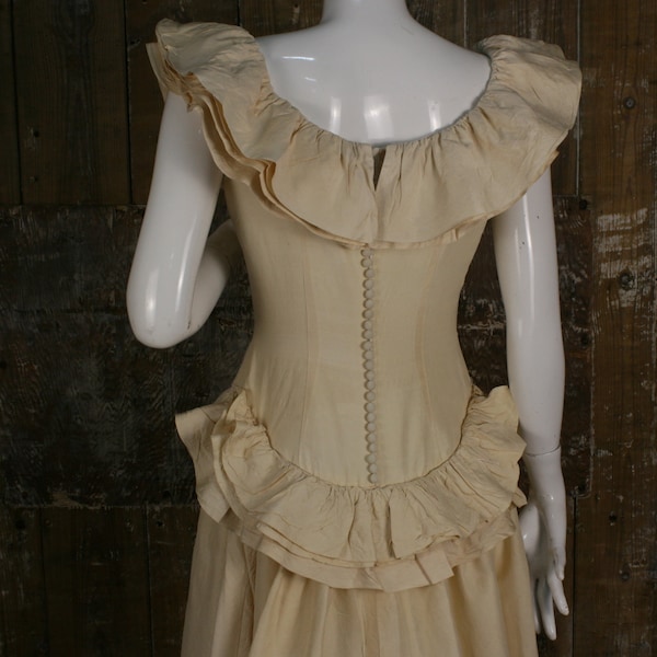 vintage 80s crème en soie brute ballerine longueur robe de mariée, taille 10 UK / buste 36 « , peplum / robe à dos boutonné