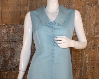 Vintage 60s blue button front mod dress, size 12 UK/ 38&quot; bust fit & flare collared sleeveless dress