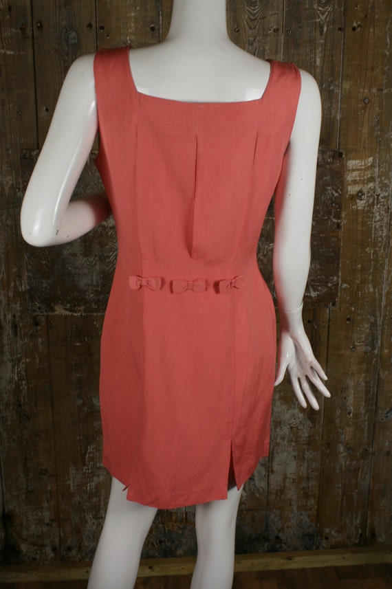 90s does 60s linen mix mini dress, coral pink fea… - image 4