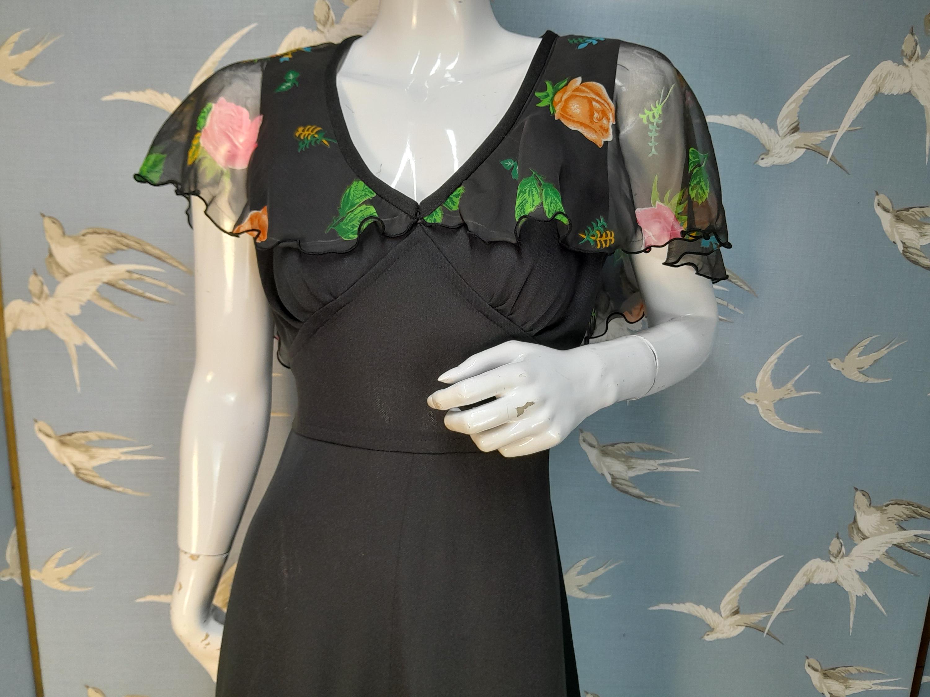 Vintage 70s Black Floral Cape Dress, Size 10 UK/ 36