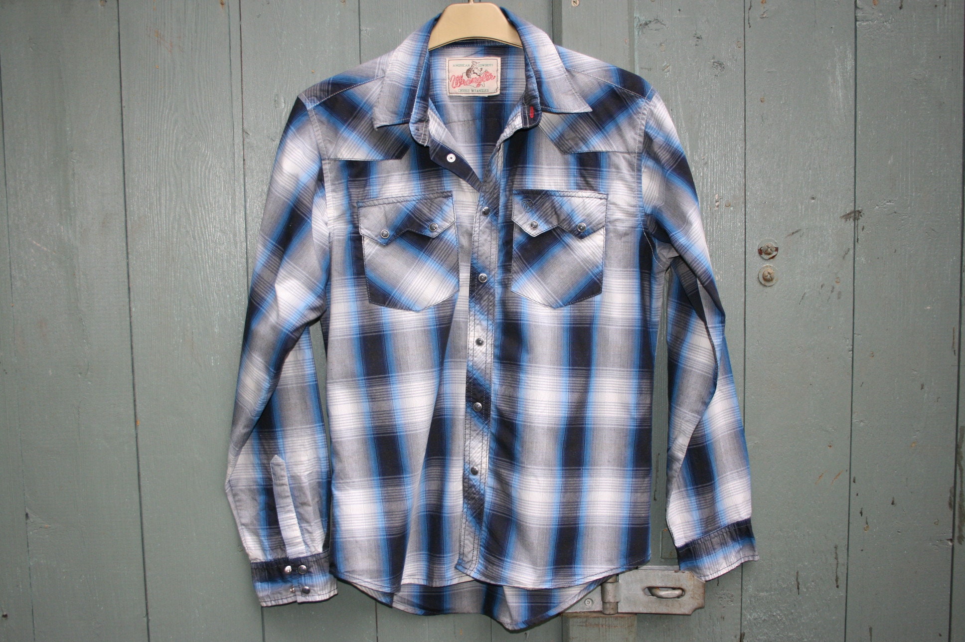 Image of Vintage Wrangler Western Shirt, Blue Check American Cowboys Size M/ 39" Chest