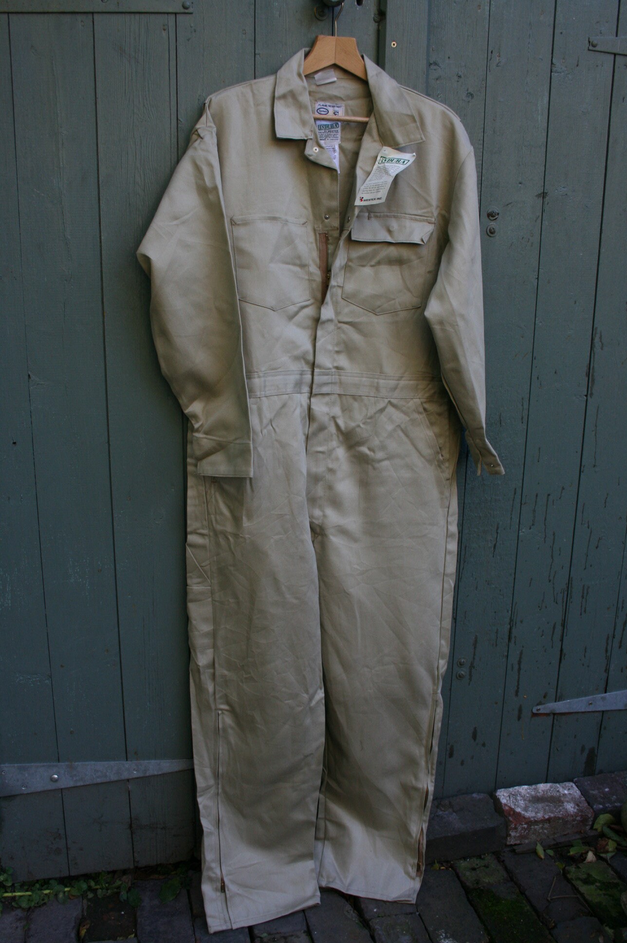 Image of Unworn Vintage Mans Beige Cotton Boiler Suit, Xxl Usa Flame Resistant Tyndale Overalls Size 48R, 54" Chest