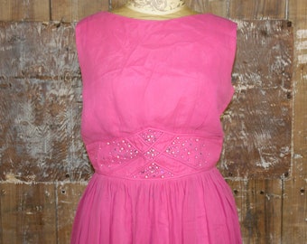 Vintage 50s pink chiffon dress, R & K originals pearl/ diamante trim prom dress size 12/ 14 UK, 39.5" bust