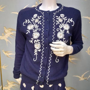 Vintage 1950s blue beaded lambswool cardigan, size 36/ UK 10