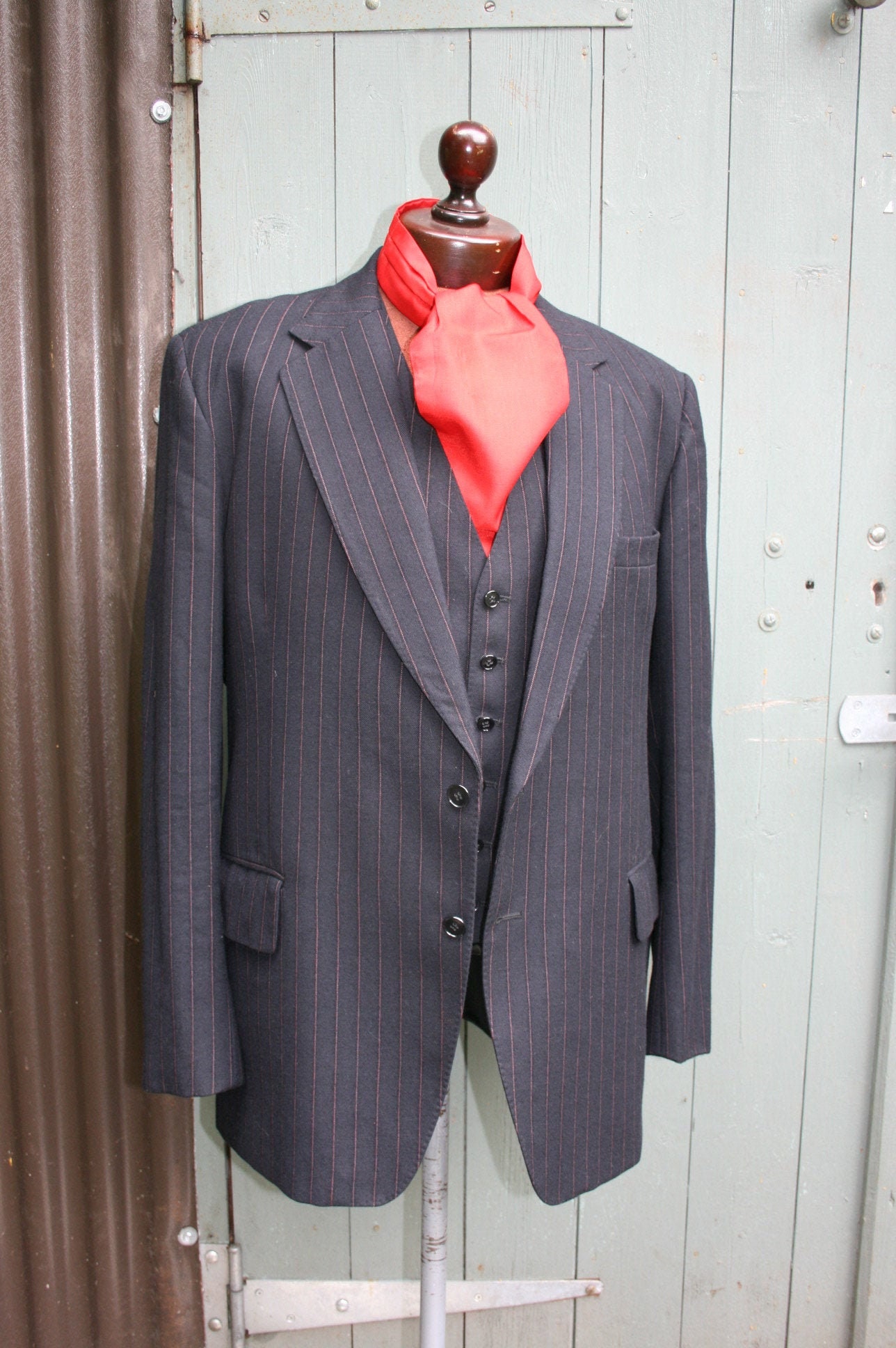 Image of Vintage Mans Burtons Pinstripe Jacket & Waistcoat With Red Cravat, Size 44" Chest, Burton Director Collection