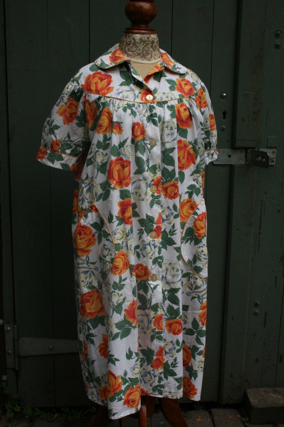 1950s orange rose print cotton house coat, vintage