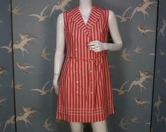 Vintage 60s Lucie Linden pink striped sailor collar mini dress, size 8- 10 UK/ 35" bust