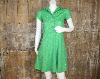 XS Vintage 70s green floral mod mini dress size 6 UK, 32" bust, petite/ teens dress