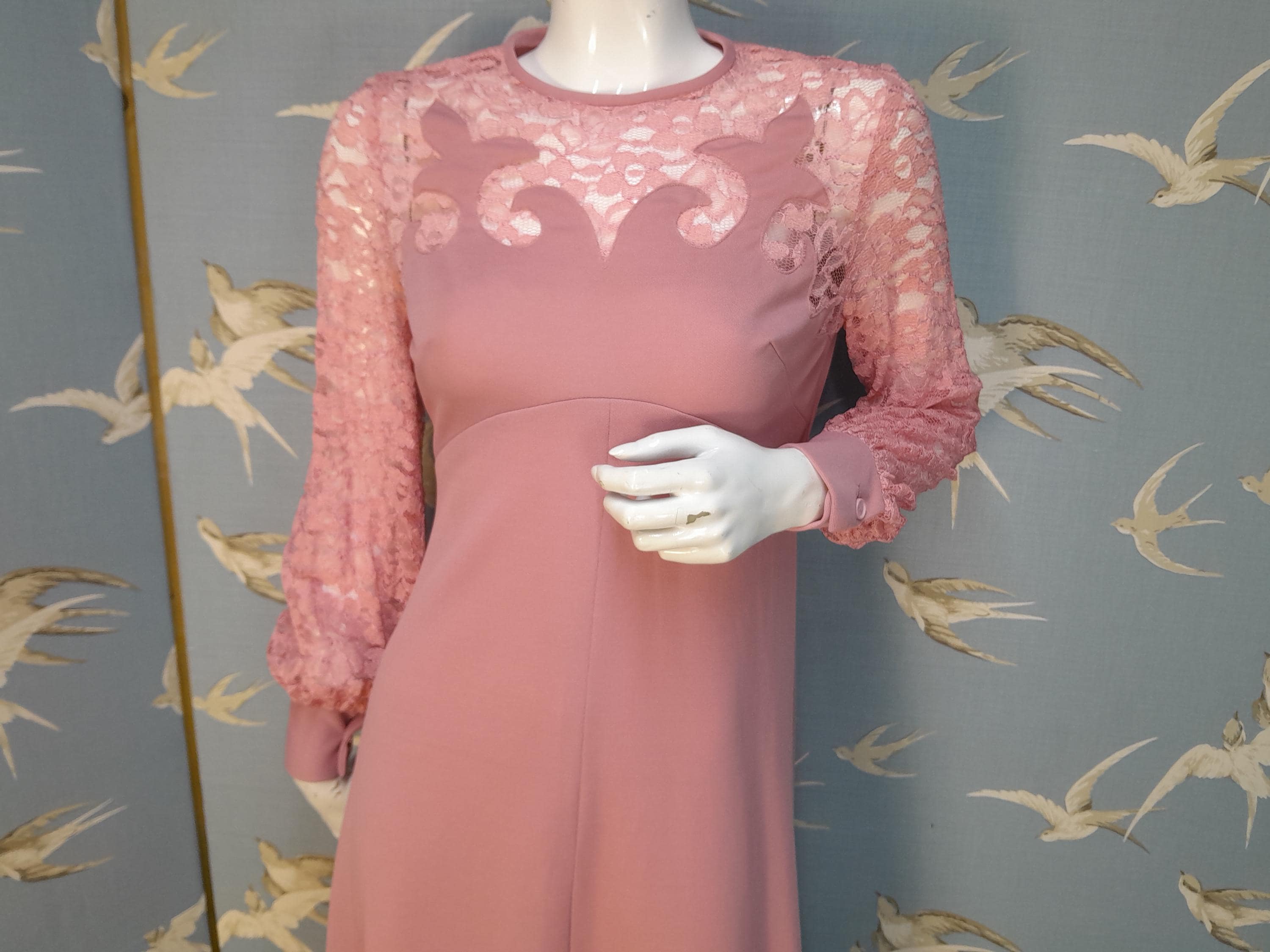 Vintage 70s Dusky Pink Maxi Dress, Lace Sleeves, Size 10 UK/ 35" Bust - Etsy