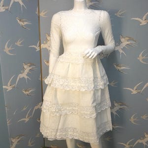 Vintage 1950s wedding dress, petite lace/ ribbon tiered tea length dress size 6 UK/ 32&quot; bust