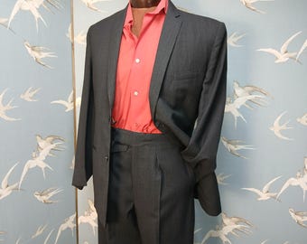 Vintage mid century chalk striped wool suit, slim lapel, button fly trousers, 42- 44" chest, 34- 36" waist, 30.5" leg