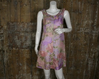 Petite vintage 60s Dollyrockers mini dress, size 6 UK/ 32" bust pink/ lilac/ green floral Samuel Sherman mini dress