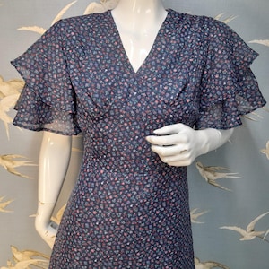 Vintage 1970s Trevira maxi dress, blue ditsy floral flutter sleeve dress, size 8 UK/ 34&quot; bust