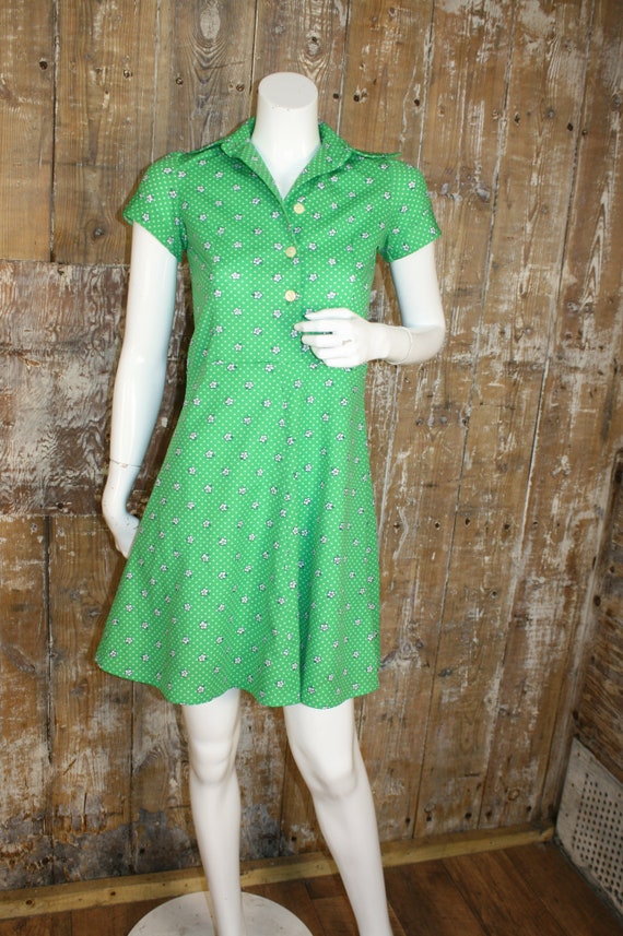 Xs Vintage 70s Green Floral Mod Mini Dress Size 6 UK, 32" Bust, Petite/ Teens Dress