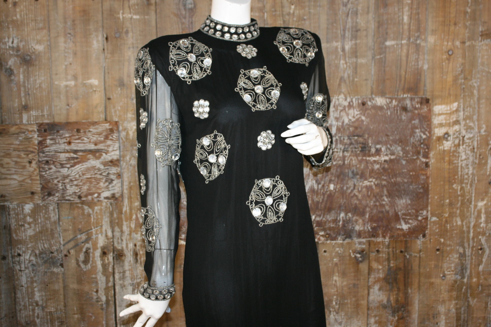 size 10 12 heavily beaded chiffon evening dress 80 beaded black silk cocktail dress