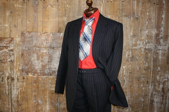 Vintage 80s Navy Blue Pinstripe Bespoke Mans Suit, Hogg Sons & Johnstone 2  Piece Mod Suit/ Matching Belt, 38 Waist/ 28 Leg/ 44 Chest 