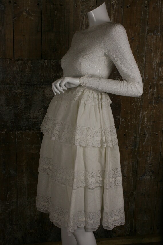 Vintage 50s Wedding Dress Petite Lace Ribbon Tiered Tea Length