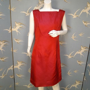 Vintage 60s red satin shift dress/ knee length cocktail dress, size 12-14 UK/ 40&quot; bust