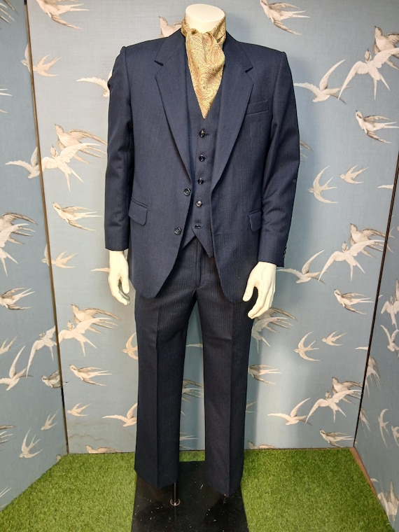 Vintage 1970s 3 Piece Suit, Burton Navy Pinstripe Suit, 32- 34