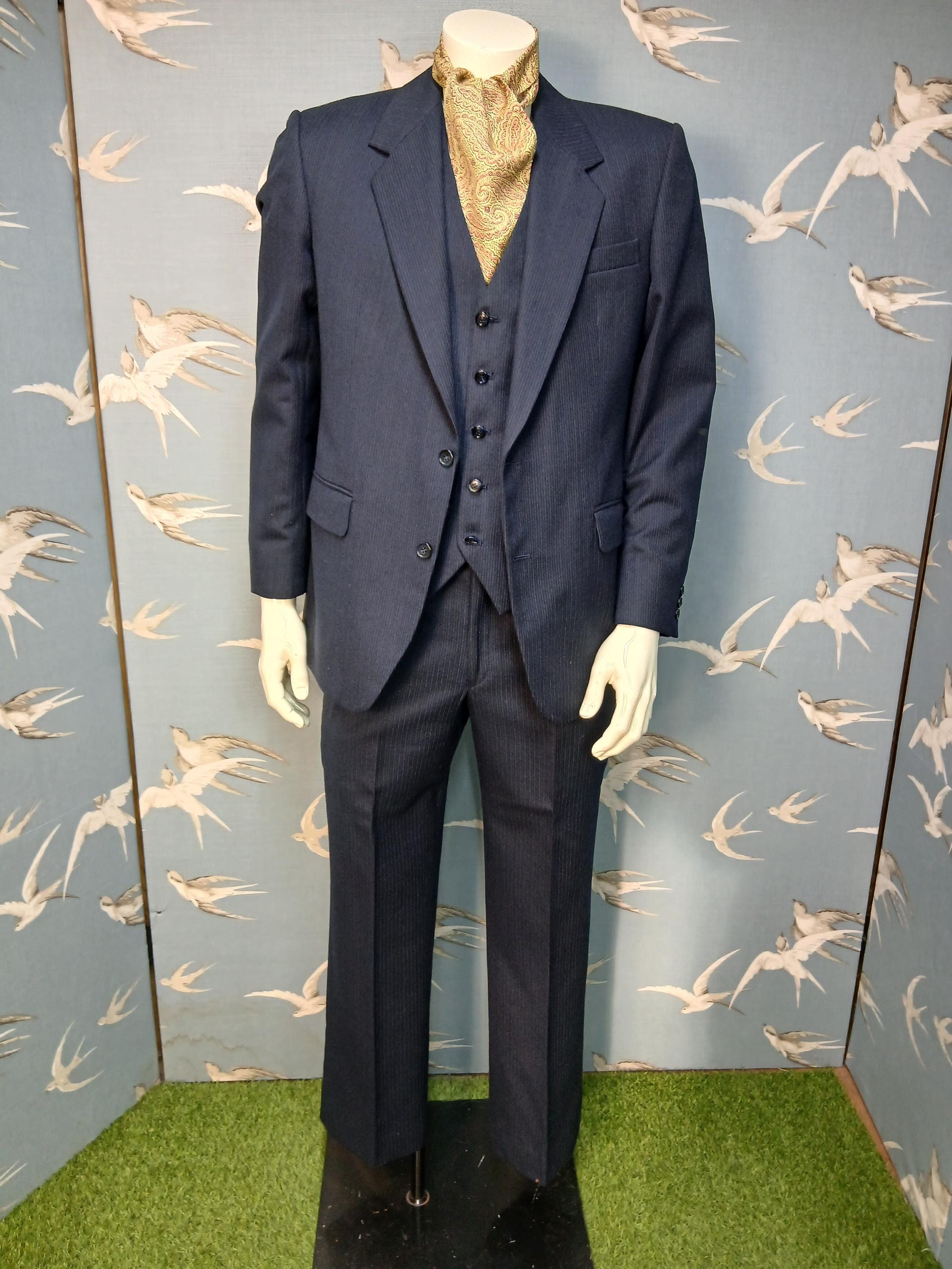 Vintage 1970s 3 Piece Suit, Burton Navy Pinstripe Suit, 32- 34
