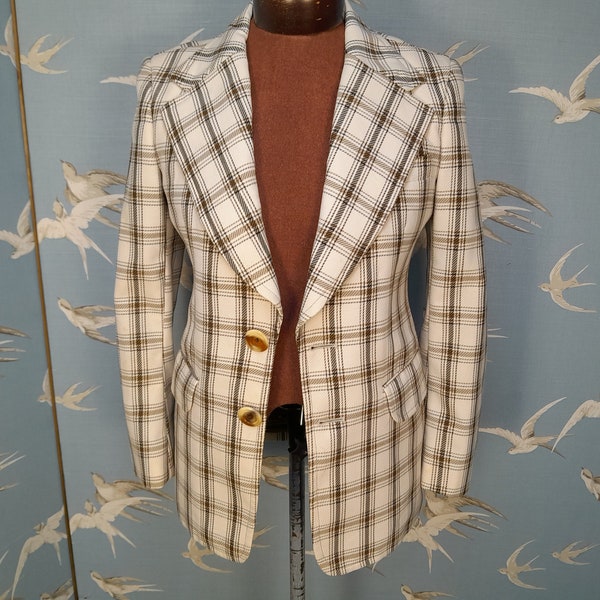 Vintage 1970s mans jacket, Barzini cream/ brown check wide lapel blazer, size 36" chest