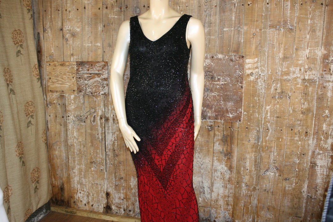 L/ XL Vestido de cóctel vintage de los años 90 con pedrería, negro