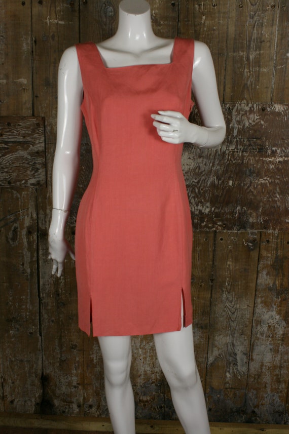 90s does 60s linen mix mini dress, coral pink fea… - image 2