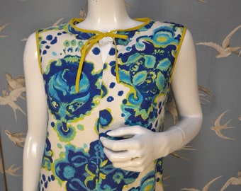 Vintage 60s Horrockses barkcloth dress, floral sleeveless shift, size 10 UK/ 36" bust