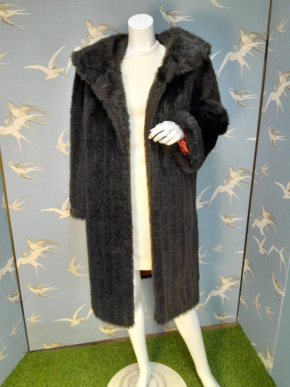Vintage Fake Fur Coat, Dark Brown/ Black Faux Mink Coat, Luxury