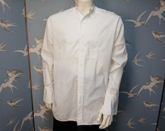 Vintage mans white cotton dress shirt, Martus bib front collarless grandad shirt, oversize S. See ITEM DETAILS for all measurements