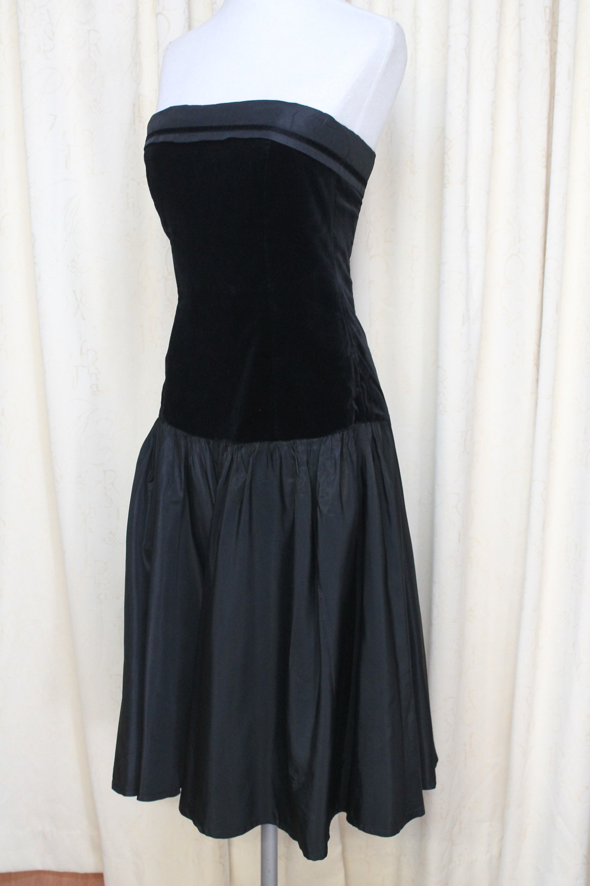 Image of Vintage Laura Ashley S Prom Dress, Black Velvet/ Taffeta Size / , " Bust, Cocktail/ Ball Gown, Strapless, Full Skirt