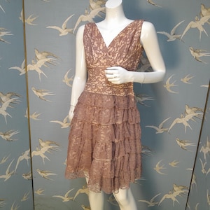 Vintage 1950s rose pink lace ra ra dress, Heiress size 8/ 35&quot; bust cocktail dress