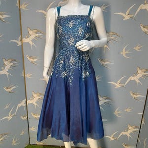 Vintage 1950s teal blue sequinned Heiress dress, size 8 UK/ 34&quot; bust cocktail dress