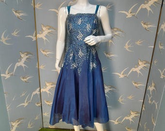 Vintage 1950s teal blue sequinned Heiress dress, size 8 UK/ 34&quot; bust cocktail dress