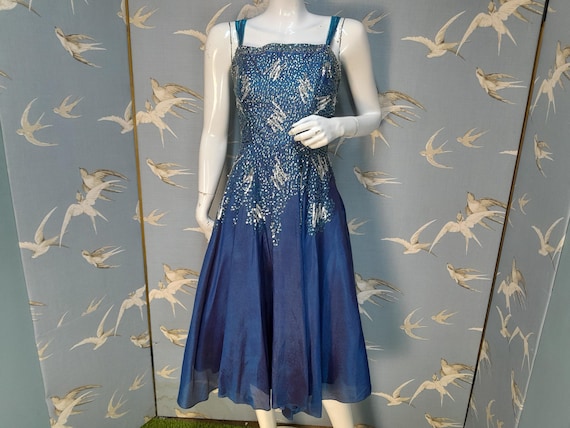 Vintage 1950s teal blue sequinned Heiress dress, size 8 UK/ 34" bust cocktail dress. See ITEM DETAILS for all measurements