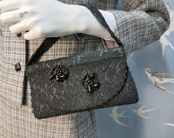 Vintage 1950s black beaded lace handbag/ evening purse, Empire Made