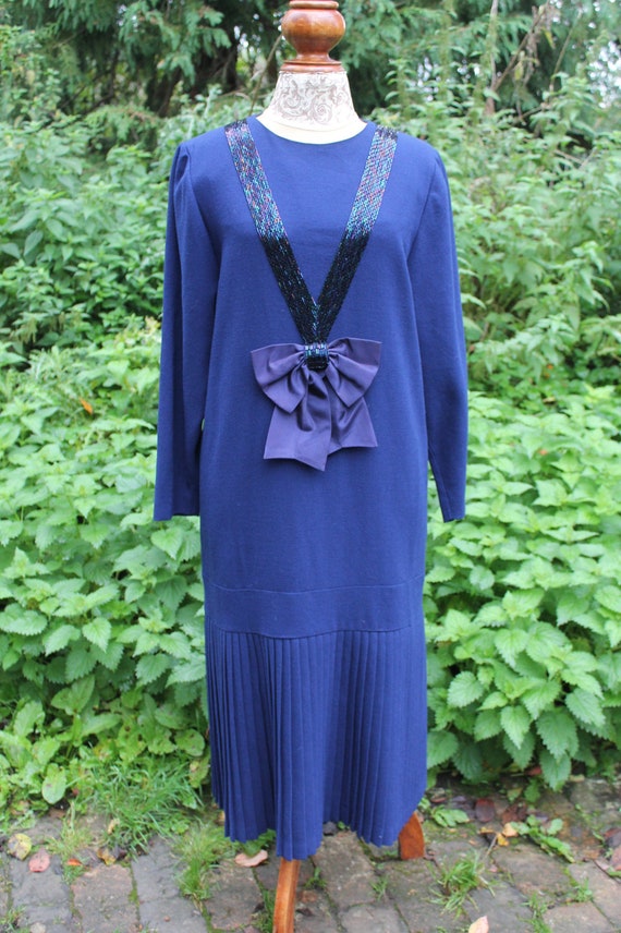 Vintage 80s does 30s blue wool crepe dress, size 1