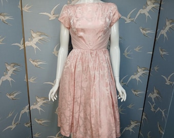 Vintage 1950s pink jacquard prom dress, size 8- 10 UK/ 35" bust, 27" waist. See ITEM DETAILS for all measurements