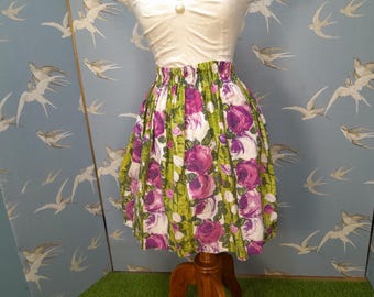 Vintage 1950s rose print floral cotton skirt, elasticated waist, size S/ M, 20"- 36" waist