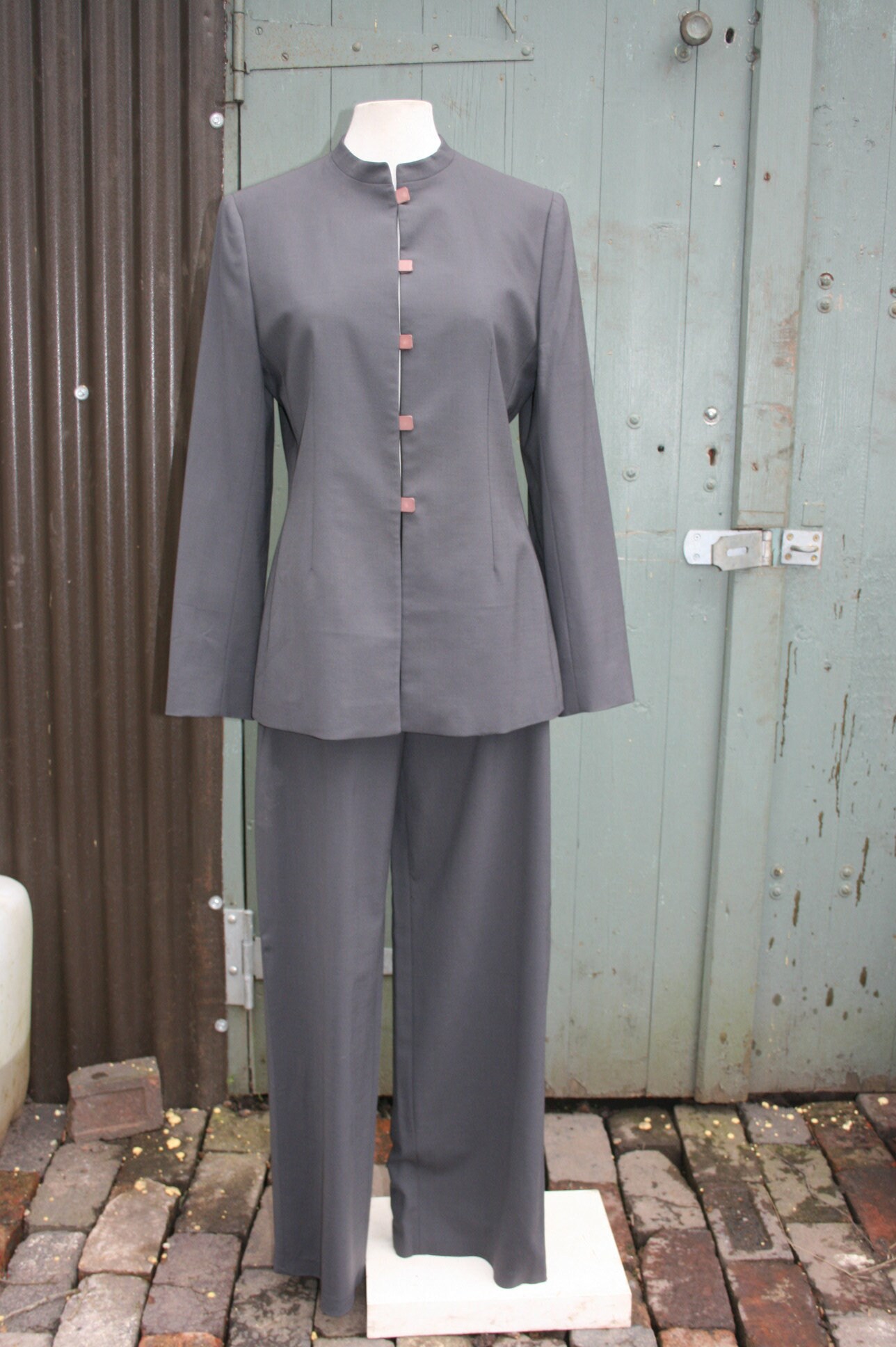 Image of Armani Mani S Grey Trouser Suit, Size / Uk  Nehru Jacket & Wide Leg Trousers
