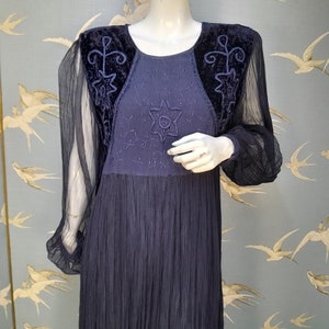 Vintage crinkle chiffon/ velvet hippy dress, navy blue, size 12 UK/ 38&quot; bust