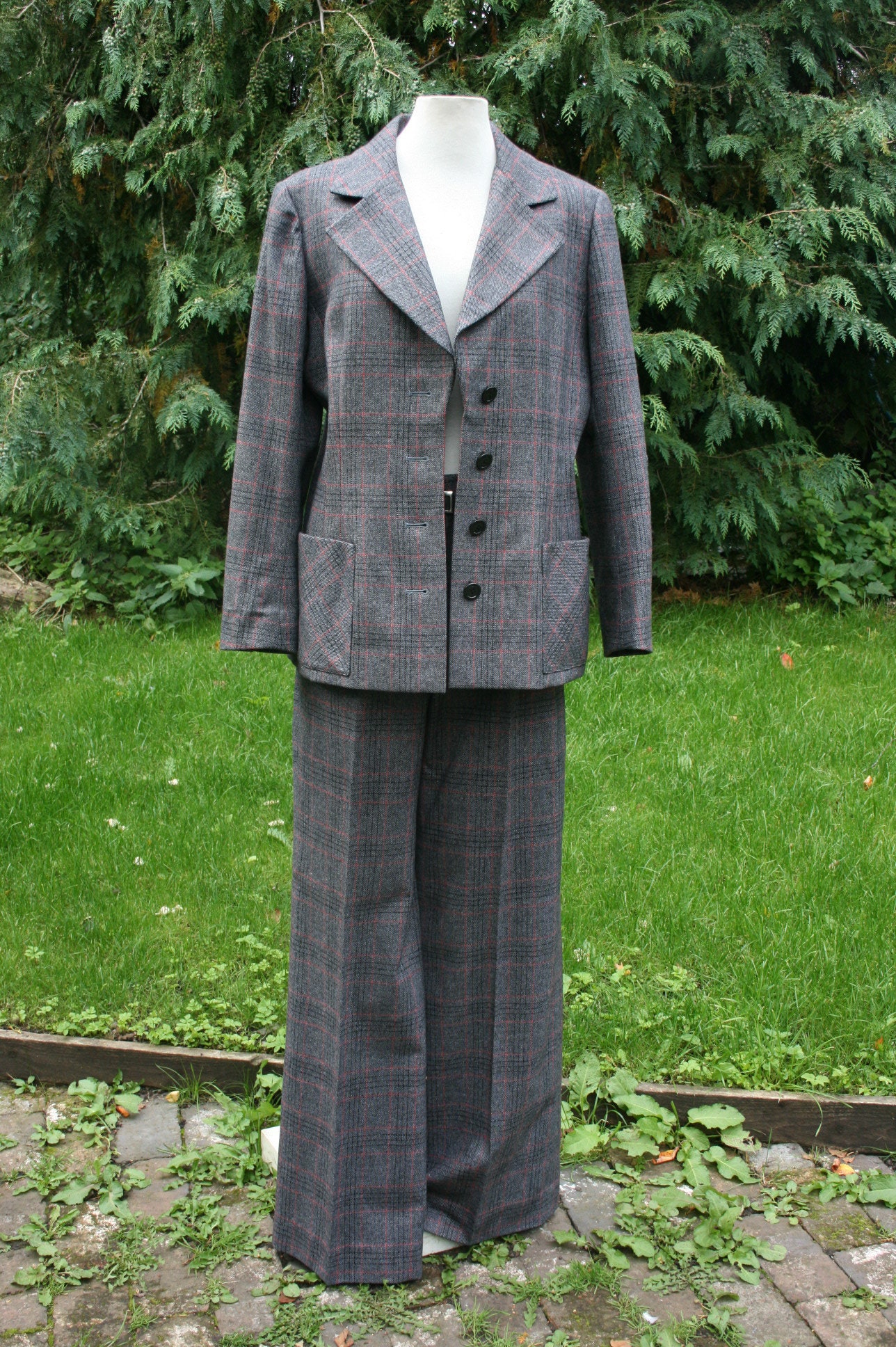 Image of Unworn Vintage S Trouser Suit, Susan Small Wool Mix Check Size /  Uk, Flared Trousers