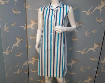 Vintage 1960s/ 70s blue & white deckchair stripe cotton dress, size 12 UK/ 38" bust. See ITEM DETAILS for all measurements