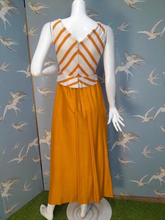 Vintage 1970s Marigold Orange Maxi Dress, Chevron Striped Bodice, Size 6- 8 UK/ 34" Bust