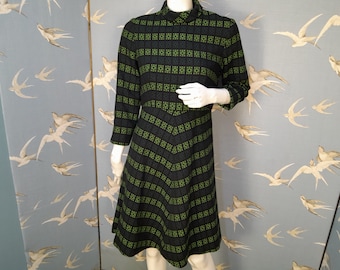 Vintage 1960s/ 70s woven wool tapestry dress, green/ black turtleneck dress, size 10- 12 UK/ 38" bust