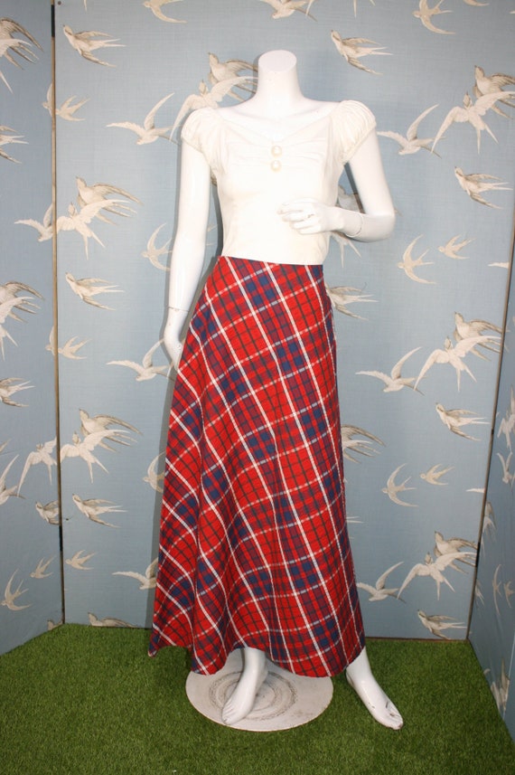 Vintage 70s Crazy Horse Red Check Seersucker Maxi/ Midaxi Skirt