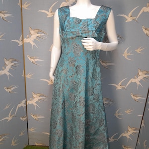 Vestido de noite vintage de brocado azul dos anos 1950/60, vestido de coquetel longo Emenson tamanho 12/busto 38&quot;