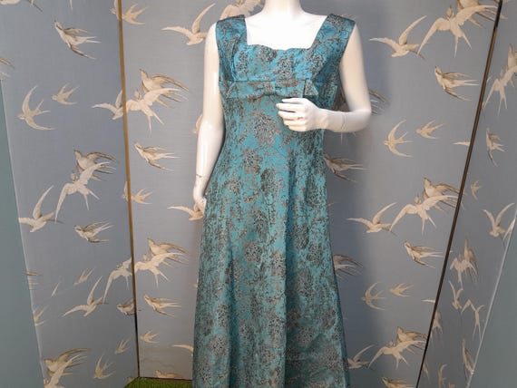 Vintage 1950s/ 60s Blue Brocade Evening Dress, Emenson Size 12/ 38" Bust Maxi Cocktail Dress. See Item Details for All Measurements