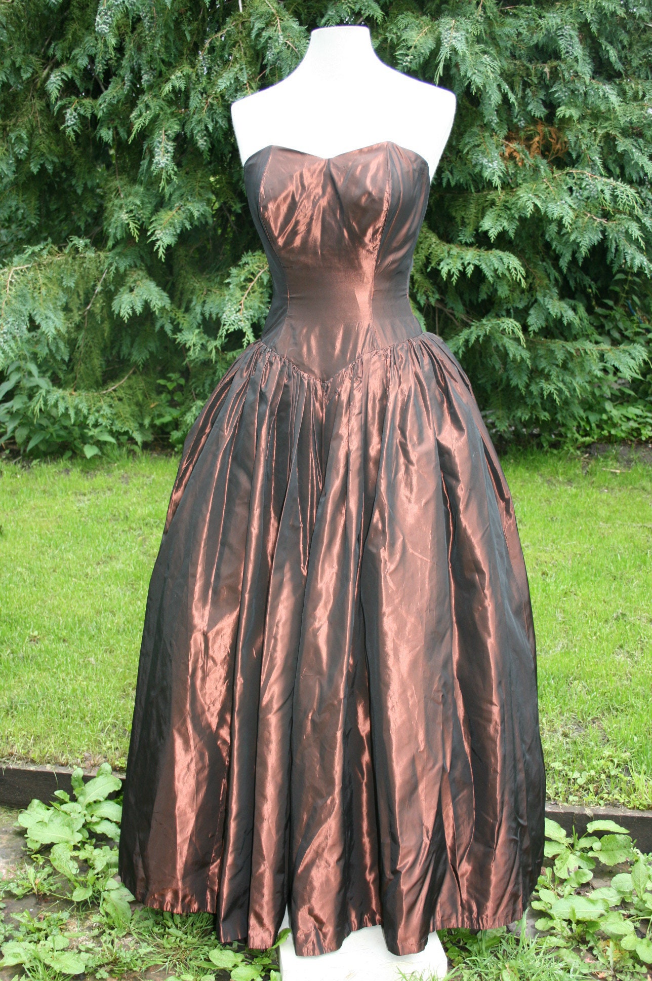 Image of Vintage S Ballgown, Size  Bronze Taffeta Strapless Evening/ Prom Dress